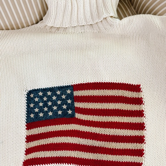 RARE 90s Vintage Ralph Lauren Cream Flag Turtleneck Sweater size M - Blue Tag - Picture 5 of 13